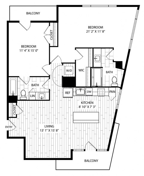 Floor plan for 2 beds, 2 baths, 1289 sqft